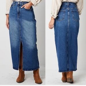 Ana High Rise Denim Midi Skirt with Front Slit